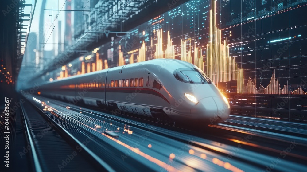 High-speed train with digital data overlay effect High-speed train with digital data overlay effect