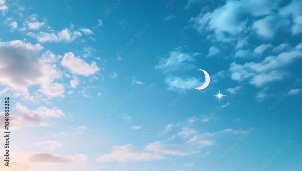 A serene sky featuring a crescent moon and twinkling star among clouds. A serene sky featuring a crescent moon and twinkling star among clouds.