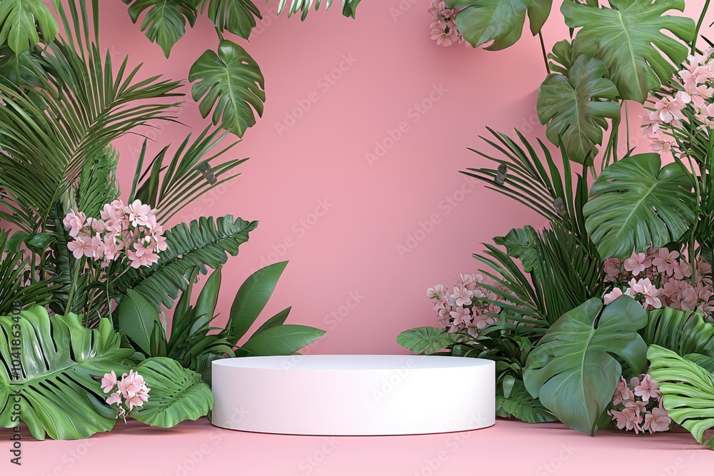 A serene display area surrounded by lush green plants and delicate pink flowers, perfect for showcasing products or decorations. A serene display area surrounded by lush green plants and delicate pink flowers, perfect for showcasing products or decorations.