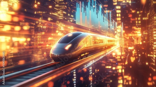 Sleek bullet train zips through digital data streams photo