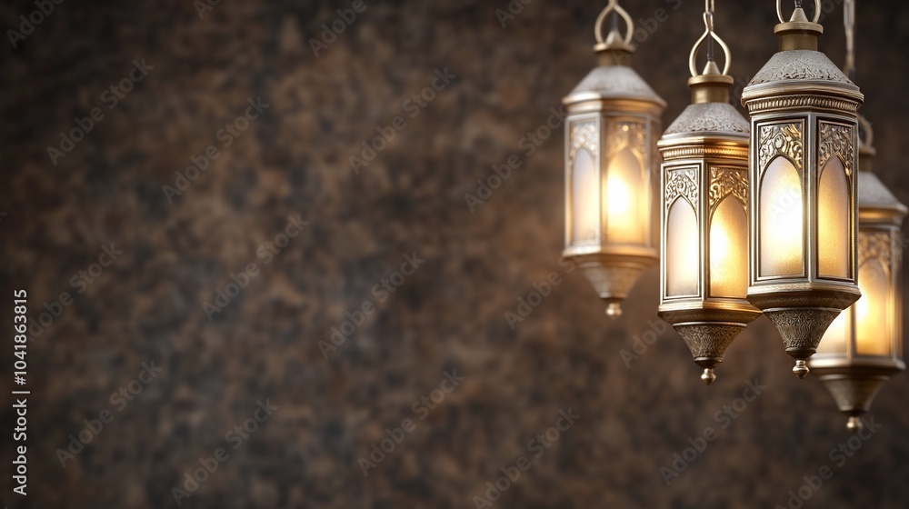 Decorative lanterns hanging against a textured background. Decorative lanterns hanging against a textured background.