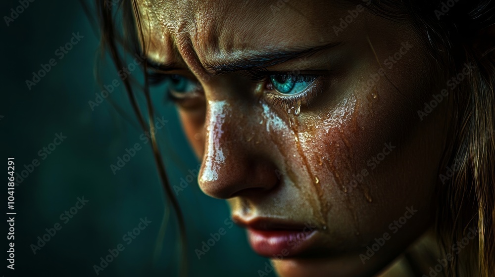 A close-up of an emotional girl with tears, capturing a moment of deep feelings and intense expression under soft lighting. A close-up of an emotional girl with tears, capturing a moment of deep feelings and intense expression under soft lighting.