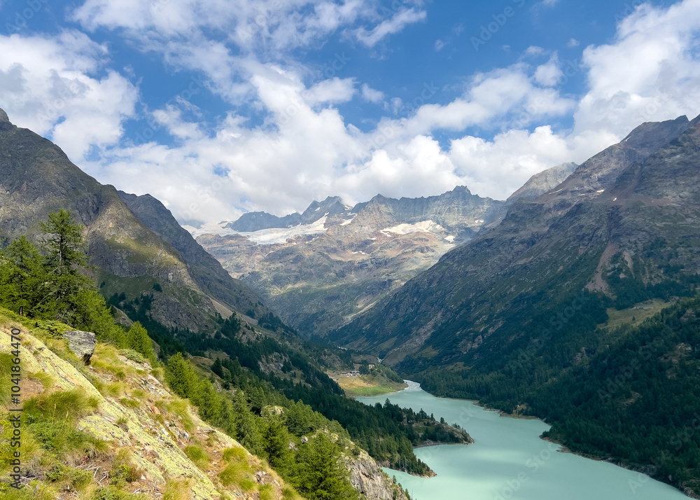Lake place moulin and mountain with eternal snow glacier. Copy space Lake place moulin and mountain with eternal snow glacier. Copy space