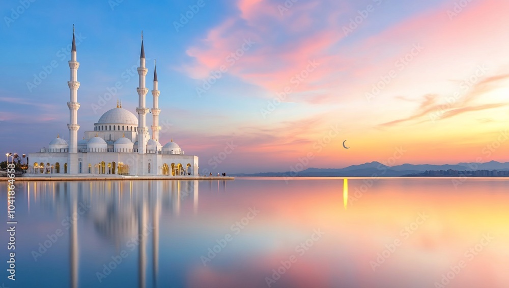 A serene mosque by the water at sunset, reflecting vibrant colors. A serene mosque by the water at sunset, reflecting vibrant colors.
