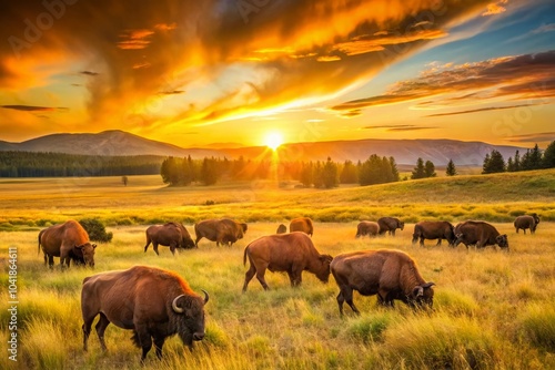 Wallpaper Mural Evening Light Over Grazing Bison in Fashion Photography Style Torontodigital.ca