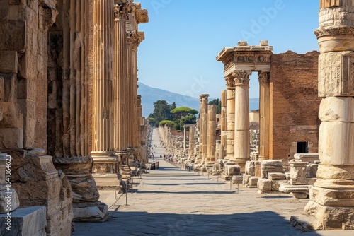 Fototapeta Naklejka Na Ścianę i Meble -  Ancient ruins showcase grand columns along a historic pathway in the archaeological site under clear blue skies