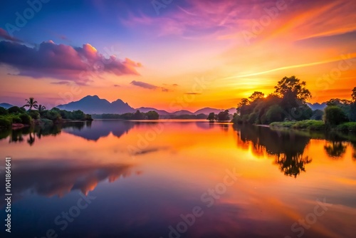 Evening Sunset Over Tapee River in Suratthani, Thailand - Tranquil Minimalist Scene