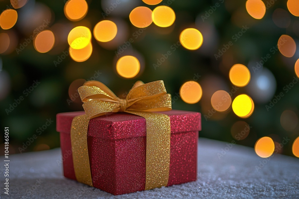 A beautifully wrapped red gift box with a golden ribbon sits on a surface, with a softly blurred background of warm, glowing lights. A beautifully wrapped red gift box with a golden ribbon sits on a surface, with a softly blurred background of warm, glowing lights.