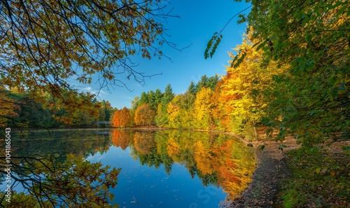 Autumn landscape with vibrant reflections on a lake.