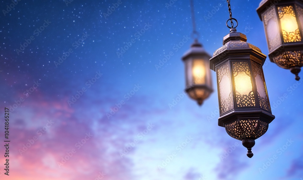 Elegant lanterns glowing against a twilight sky with stars. Elegant lanterns glowing against a twilight sky with stars.