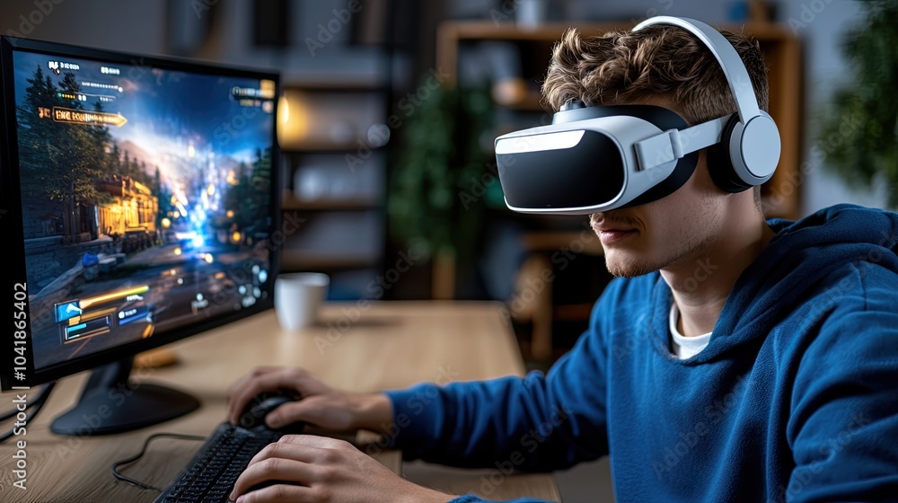 A man in a black sweatshirt uses VR glasses while gaming at his desk, surrounded by high-tech monitors and greenery in the office A man in a black sweatshirt uses VR glasses while gaming at his desk, surrounded by high-tech monitors and greenery in the office