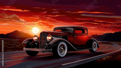 Retro-style travel poster with a vintage car driving through a desert road, warm colors, and a sunset in the background, vector art.