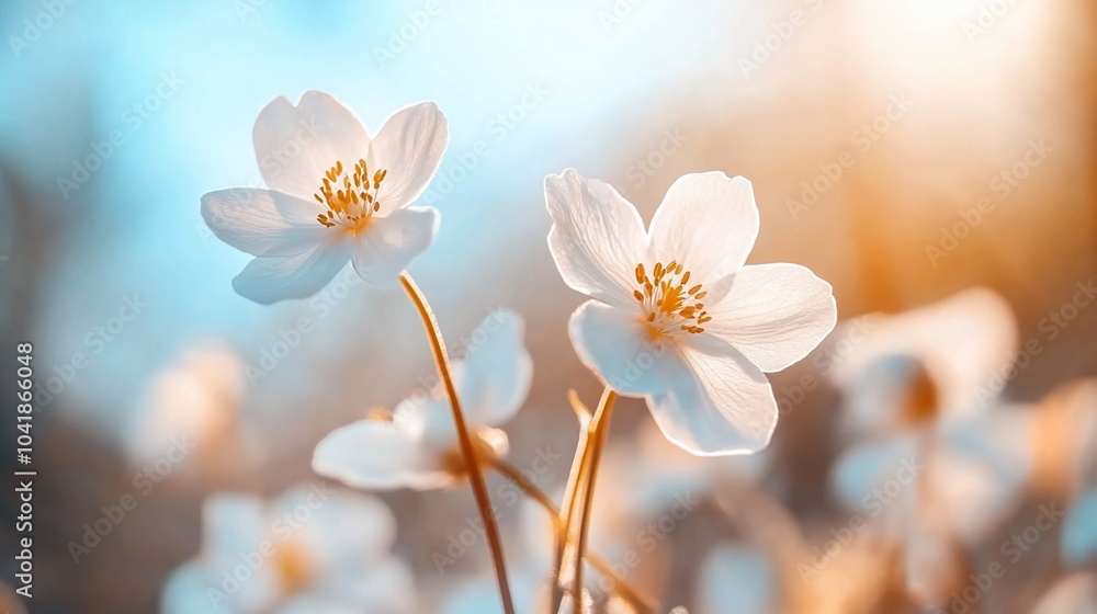 Delicate white flowers bloom softly in a warm, serene environment. Delicate white flowers bloom softly in a warm, serene environment.