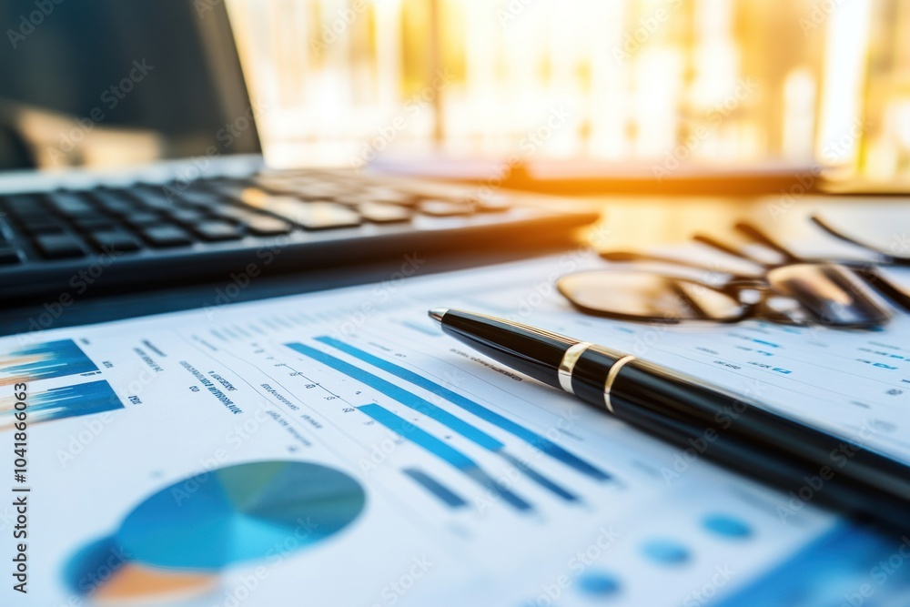Business workspace with charts, a pen, glasses, and a laptop, indicating data analysis. Business workspace with charts, a pen, glasses, and a laptop, indicating data analysis.