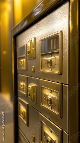 Close-up of a gold-colored mailbox unit in a modern interior setting.