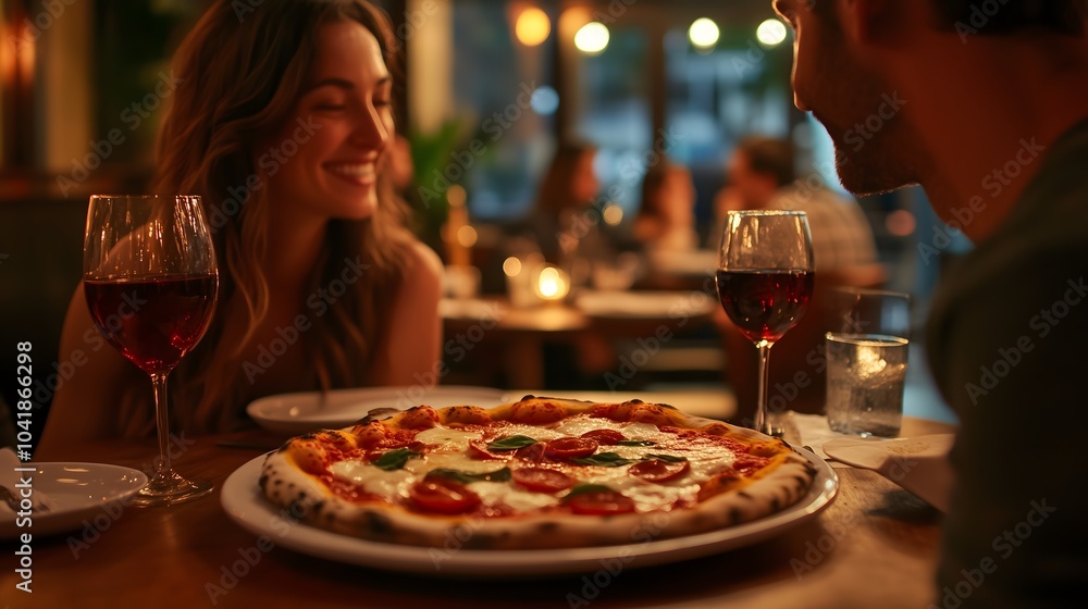 Pizza and wine shared by a couple during a romantic dinner, enjoying food and love at the table while smiling and talking together, celebrating happiness in their relationship at an italian restaurant Pizza and wine shared by a couple during a romantic dinner, enjoying food and love at the table while smiling and talking together, celebrating happiness in their relationship at an italian restaurant