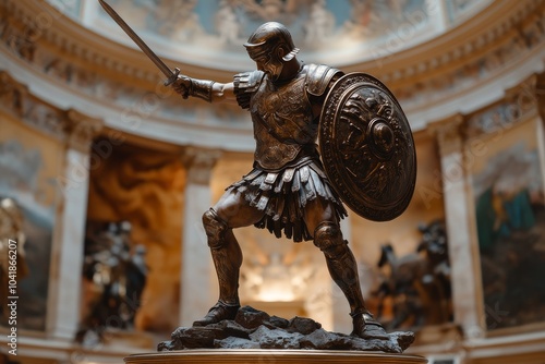 Bronze statue of a Roman soldier wielding a sword and shield in a museum atrium showcasing historical art