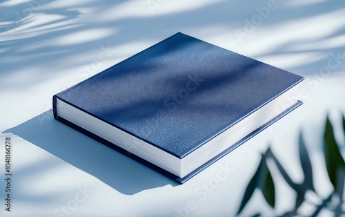 Wallpaper Mural A simple blue book lies on a white surface, casting a subtle shadow, surrounded by soft shadows from nearby leaves. Torontodigital.ca