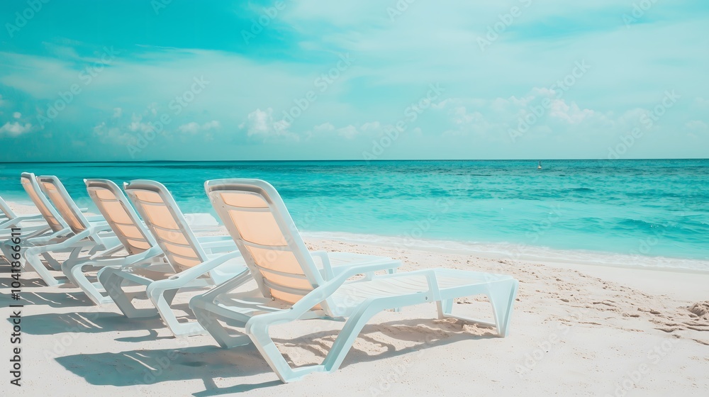 Serene beachside retreat enjoying tranquility in comfortable lounge chairs by the crystal-clear ocean waves Serene beachside retreat enjoying tranquility in comfortable lounge chairs by the crystal-clear ocean waves