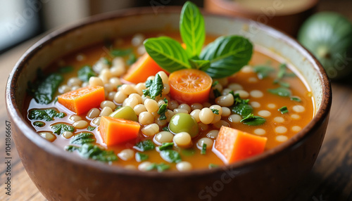 Barley and vegetable soup in a bowl with fresh herbs.