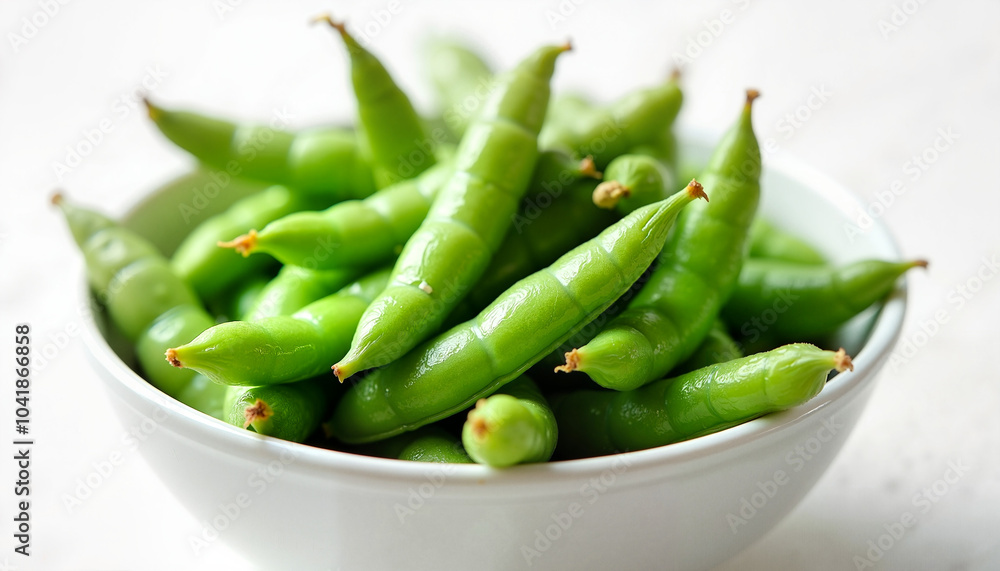 Fresh green pea pods in a white bowl on a light background. Fresh green pea pods in a white bowl on a light background.