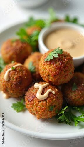 Baked falafel balls with tahini sauce and fresh parsley garnish.