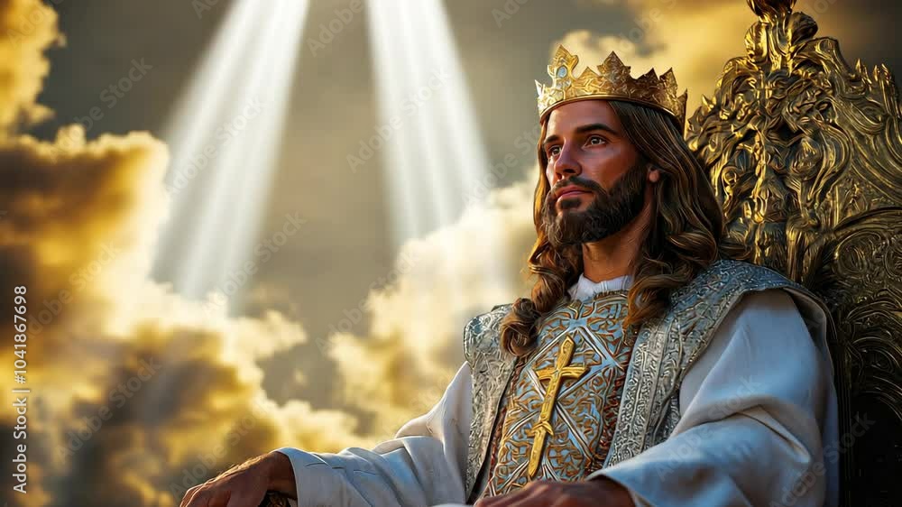 man dress up as Jesus Christ wearing ornate white robe and gold crown sitting on the glory throne of heaven, Jesus govern on earth