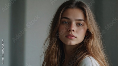 Young woman with long hair and relaxed expression in natural light