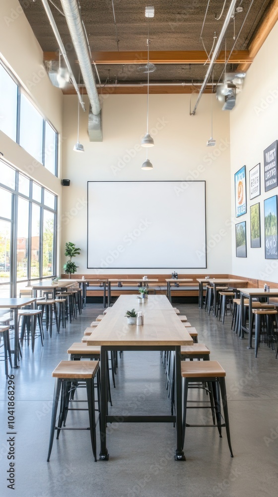Fototapeta premium A spacious dining area with long tables and large windows, designed for gatherings or events.