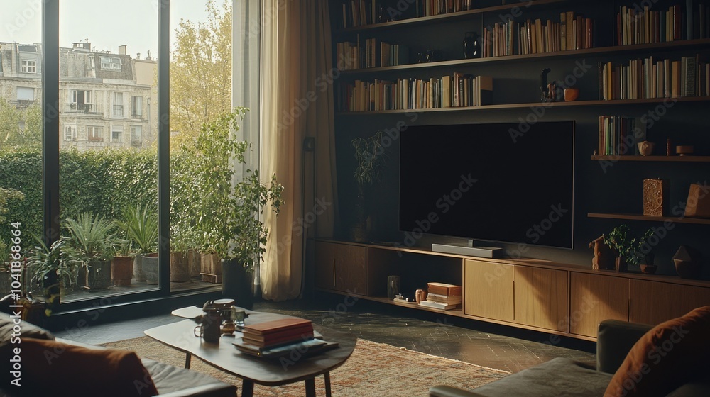 A large TV screen mounted on a wall in a modern living space, with bookshelves and decorative items adding character to the room. --chaos A large TV screen mounted on a wall in a modern living space, with bookshelves and decorative items adding character to the room. --chaos