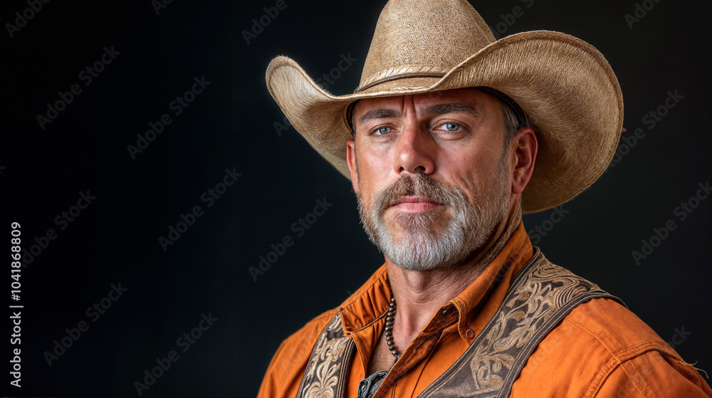 Rugged Handsome Man in Cowboy Hat, Sporting a Beard and Orange Outfit Rugged Handsome Man in Cowboy Hat, Sporting a Beard and Orange Outfit