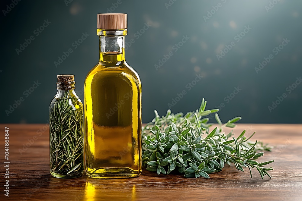 A composition of olive oil bottles and fresh herbs on a wooden surface. A composition of olive oil bottles and fresh herbs on a wooden surface.