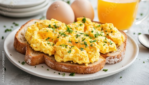 A delicious breakfast featuring scrambled eggs on toast, garnished with herbs, accompanied by two eggs and a glass of orange juice.