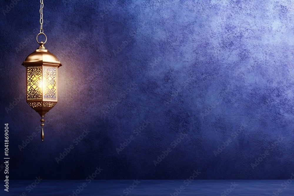 A decorative lantern illuminates a textured blue wall. A decorative lantern illuminates a textured blue wall.