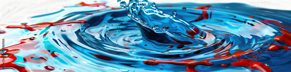 A swirling pool of blue liquid spreading on a white background, reflecting vibrant red streaks. A swirling pool of blue liquid spreading on a white background, reflecting vibrant red streaks.