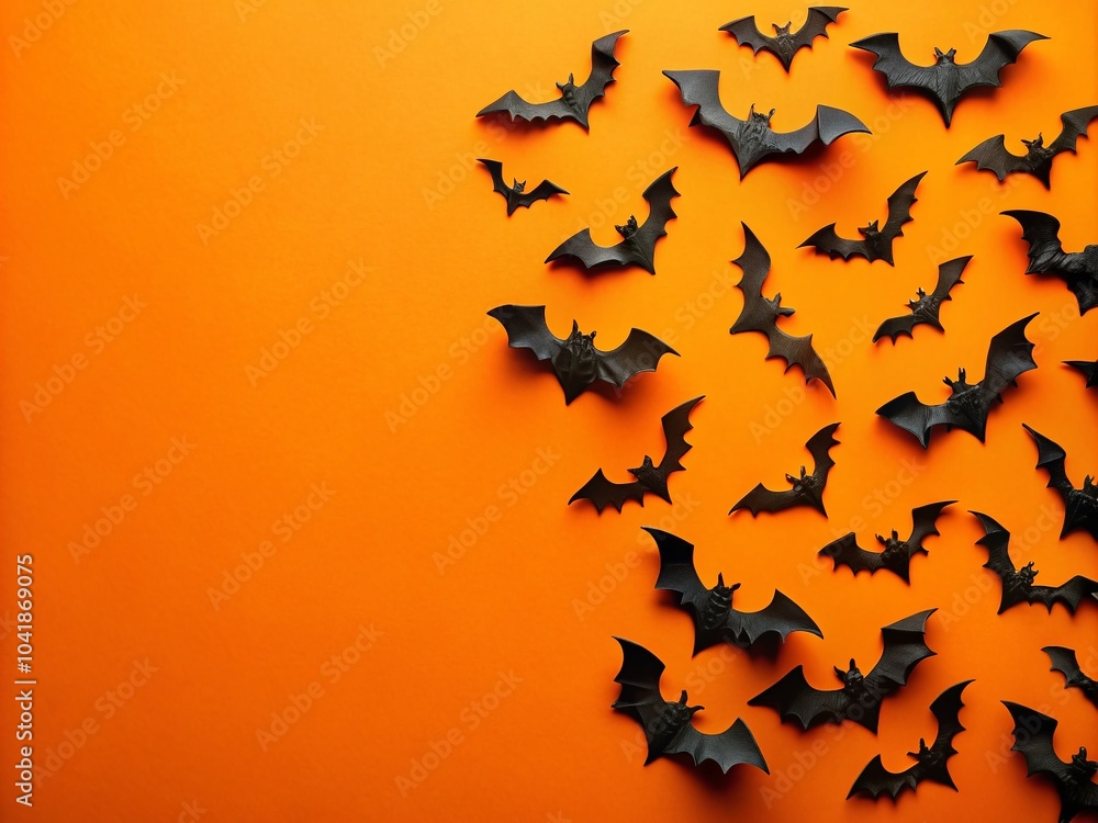 Naklejka premium Festive Flat Lay of Black Paper Bats on Orange Background for Halloween Decorations