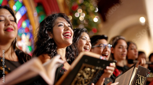 Joyful young Latino Group Singing Carols Amid Festive decorations church