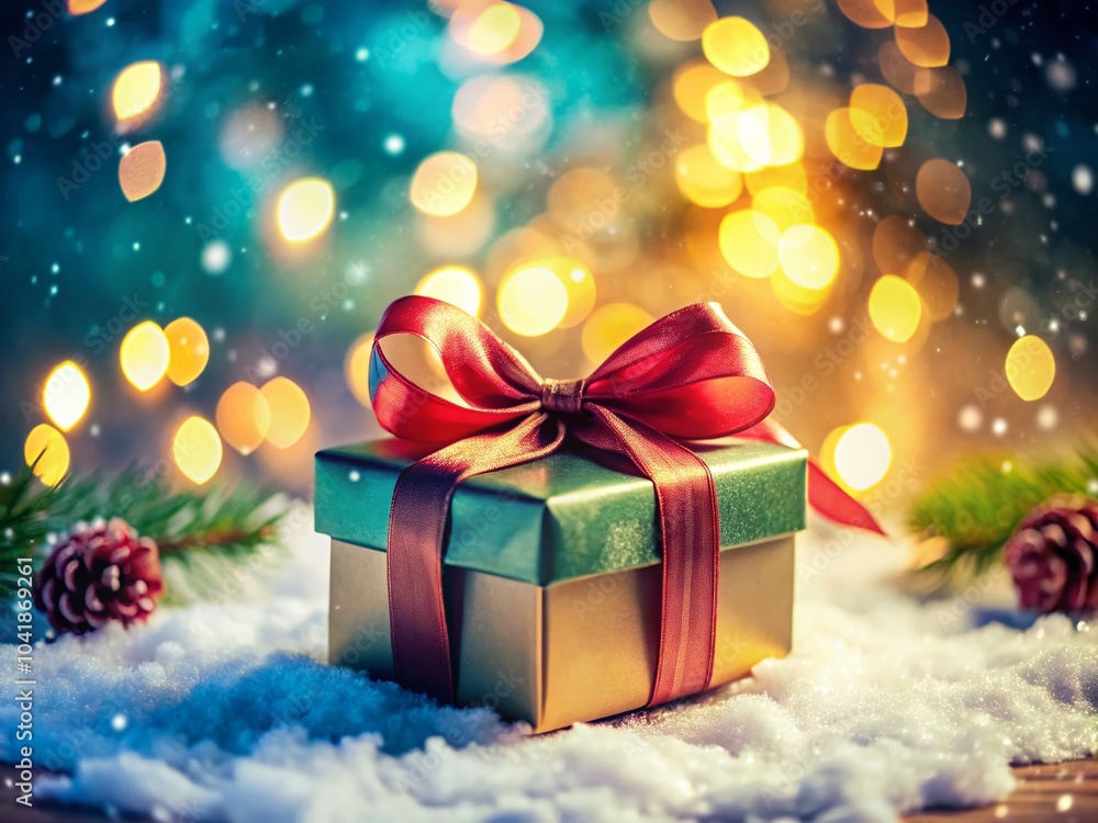 Festive Gift Box with Ribbon Bow in Snowy Background for Holiday Celebrations and Christmas-Themed Designs Festive Gift Box with Ribbon Bow in Snowy Background for Holiday Celebrations and Christmas-Themed Designs