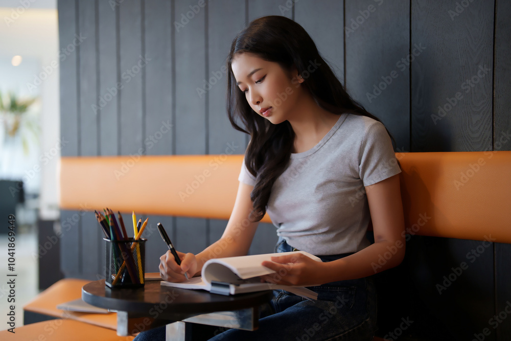 Asian teenage student woman reading a book and writing information from book to doing assignment homework for preparing test exam while studying and learning about education knowledge in cafe Asian teenage student woman reading a book and writing information from book to doing assignment homework for preparing test exam while studying and learning about education knowledge in cafe