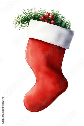 Festive red christmas stocking with green pine and berries for holiday decor