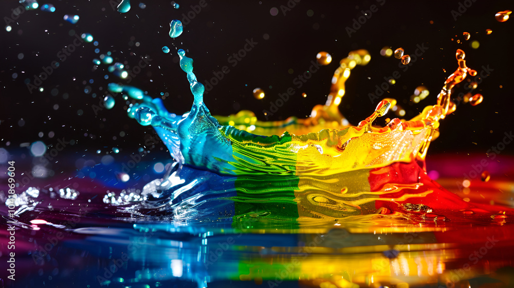 A vibrant splash of water creates dynamic droplets as it collides with the surface, set against a stunning gradient of orange and blue hues during sunset ,Bubbles and water splash with rainbow reflect A vibrant splash of water creates dynamic droplets as it collides with the surface, set against a stunning gradient of orange and blue hues during sunset ,Bubbles and water splash with rainbow reflect