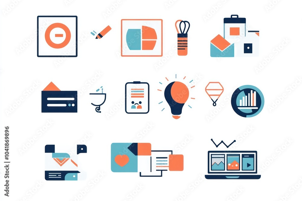Design a set of clean, modern vector icons for online branding. Include icons for logo design, color palette, typography, business cards, social media, website design, marketing strategy. Design a set of clean, modern vector icons for online branding. Include icons for logo design, color palette, typography, business cards, social media, website design, marketing strategy.