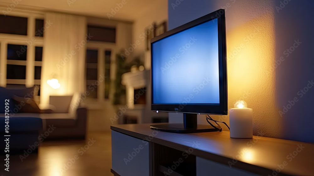 Fototapeta premium A modern flat-screen TV turned off, resting on a wooden media stand in a stylish living room. Soft lighting adds warmth to the space. --chaos
