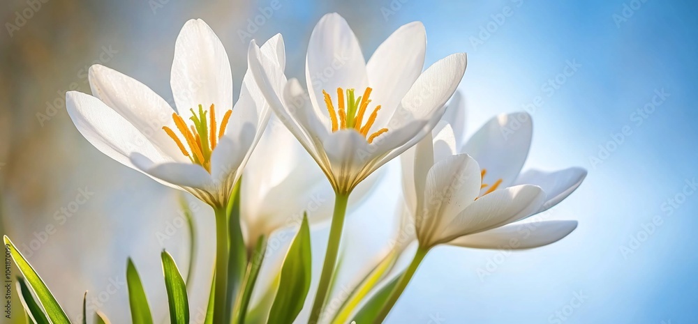 A close-up of white flowers with yellow stamens against a soft blue background. A close-up of white flowers with yellow stamens against a soft blue background.