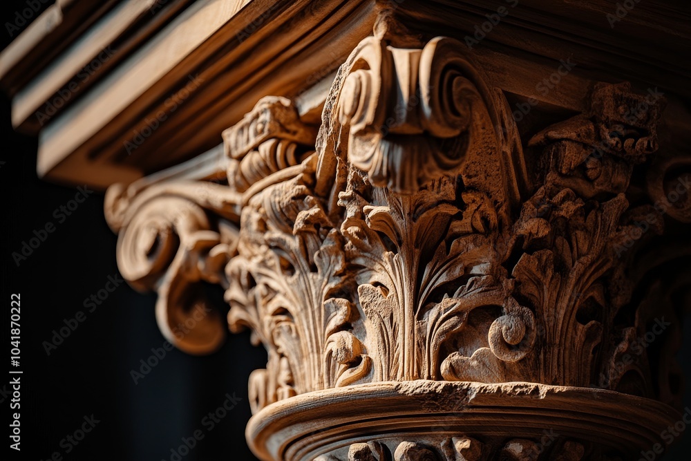 Intricate wooden column showcasing detailed carvings at a historic site during golden hour Intricate wooden column showcasing detailed carvings at a historic site during golden hour