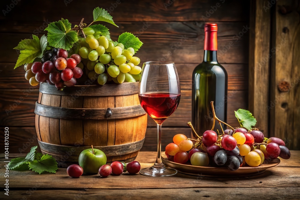 Festive Wine Still Life with Long Exposure of Glass, Bottle, Grapes, and Apples on Wooden Table with Wine Festive Wine Still Life with Long Exposure of Glass, Bottle, Grapes, and Apples on Wooden Table with Wine