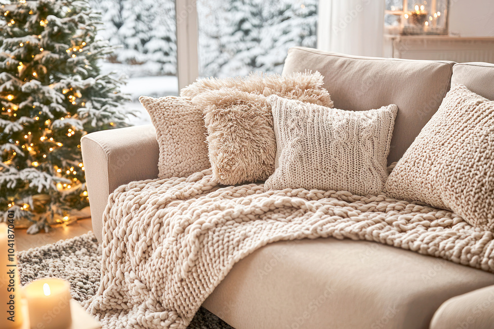 Knitted blanket and pillows on a cozy couch near a window with candles and a decorated Christmas tree in the background. Knitted blanket and pillows on a cozy couch near a window with candles and a decorated Christmas tree in the background.