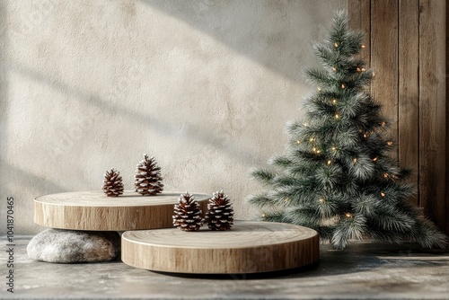 Wooden product display podium with pine tree and stone. Christmas concept. 3D rendering with generative ai photo