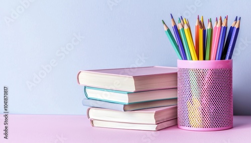 A stack of books beside a colorful pencil holder, creating a vibrant study or workspace atmosphere.