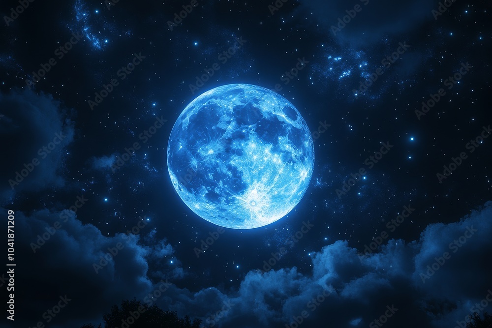 A blue moon glowing in the dark sky, surrounded by twinkling stars, creating a cinematic and epic atmosphere. A blue moon glowing in the dark sky, surrounded by twinkling stars, creating a cinematic and epic atmosphere.